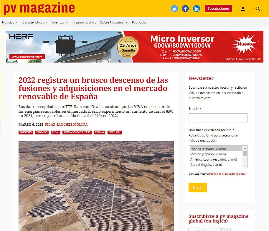 2022 registra un brusco descenso de las fusiones y adquisiciones en el mercado renovable de Espaa